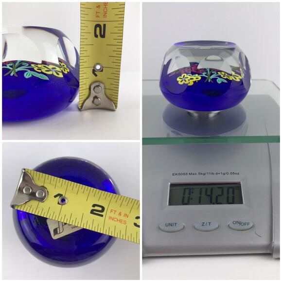 Perthshire 1999E Bouquet on Blue Lampwork Clematis Flower Faceted Paperweight - Picture 8 of 13